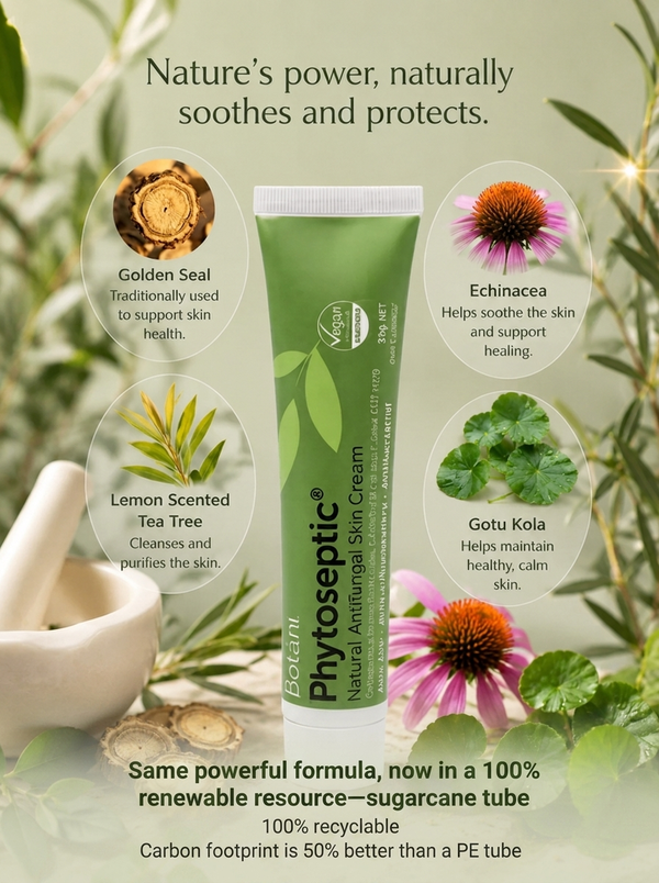 Botani Phytoseptic Natural Antifungal Skin Cream tube with callouts for its four key botanical ingredients — Golden Seal, Lemon Scented Tea Tree, Echinacea and Gotu Kola.