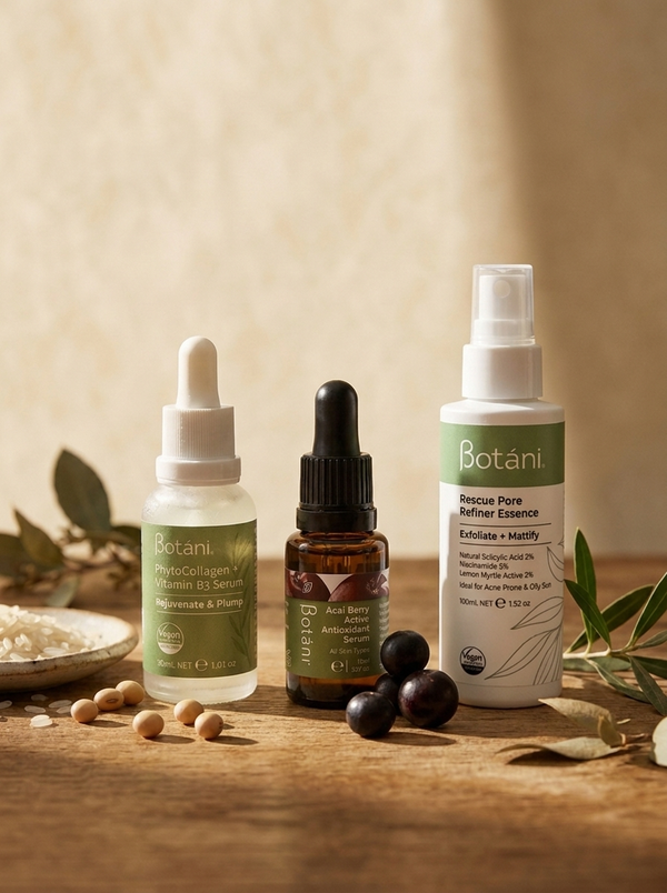Botani PhytoCollagen Vitamin B3 Serum for dehydrated, depleted combination skin,Acai Berry Active Antioxidant Serum applied before makeup on oily combination skin,Botani Rescue Pore Refiner Essence bottle for congested, dehydrated combination skin