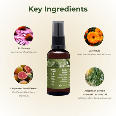 Purify Facial Cleanser Key Ingredients echinacea, calendula, grapefruit seed extract, australian lemon scented tea tree oil 