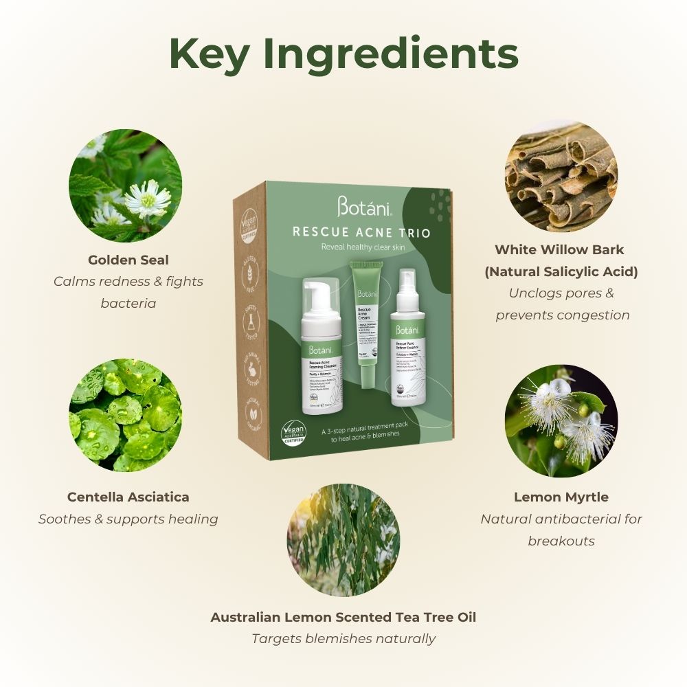 key ingredients rescue acne trio pack golden seal white willow bark centella asciatica lemon myrtle australian lemon scented tea tree oil