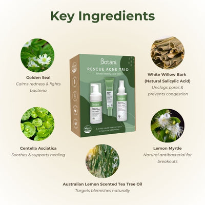 key ingredients rescue acne trio pack golden seal white willow bark centella asciatica lemon myrtle australian lemon scented tea tree oil